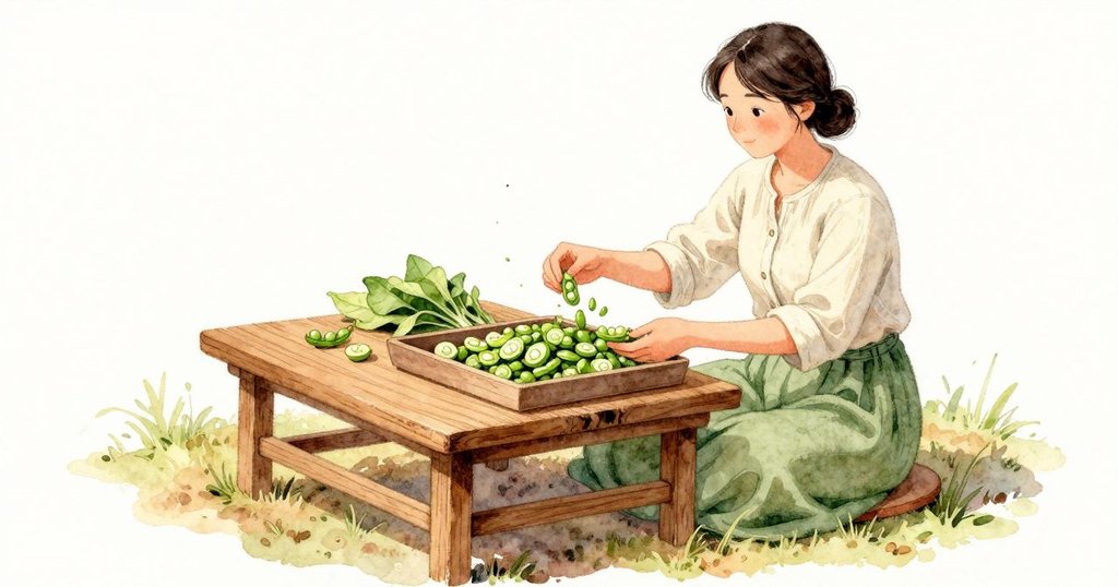 Wanda坐在門廊上的矮凳,膝蓋朝向院子,一只分格淺盤靠著豆桌邊緣;她手裡的豆莢輕聲折開,薄皮與亮綠的豆半留在盤中,清新的綠意在拋光木面上方飄著。凳腳的榫接線條緊密,桌底有一道因工具滑過而變深的細痕。