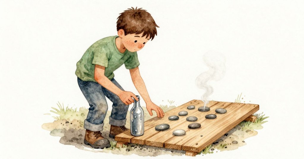 Sawyer 把一隻手懸在溫熱的窯丘上方，另一手邊的金屬水瓶冒著冷凝水，亮晶晶的水珠滑到他的指節便落下。他每次就把一顆小石子往板上推動，藉此記數；蒸氣細細地吐息。