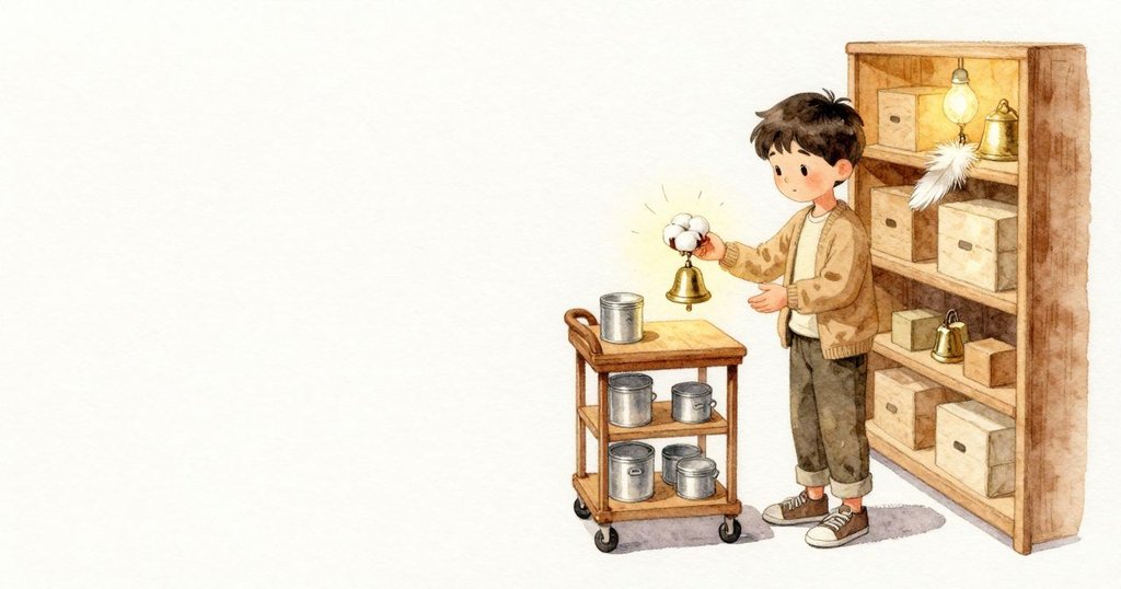 Hartley讓羽毛圍巾留在小鈴上,試著更短的輕敲,悶柔的嗡聲貼著手心。推車上的錫罐以清脆的點擊回應,羽毛隨每一下微微顫動。燈光溫暖穩定,走道與貨架安靜下來。