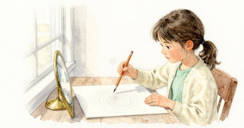Halle 把手收回，螺旋紋依然不動，微微的油光在圈圈上發亮；Flora 停住鉛筆，輕輕把托盤朝窗邊調一點又把鏡頭抬高少許，人像與指紋分開成兩層，直紋與橫向的圈環交織，她順著穩定的一層描畫，再放慢描另一層。