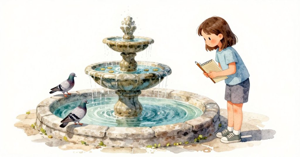 Orla 站在噴泉石沿旁,最上層水柱更亮,中層回以較深的水拍,最下層寬闊地低語。水勢變薄時,水下硬幣微微碰撞作響;噴霧在兩個水盆間拉成薄罩,細點落在她的袖子上。兩隻鴿子低頭快快啜飲,石內傳來空洞的咕嚕聲,陽光把水珠照成銀白。
