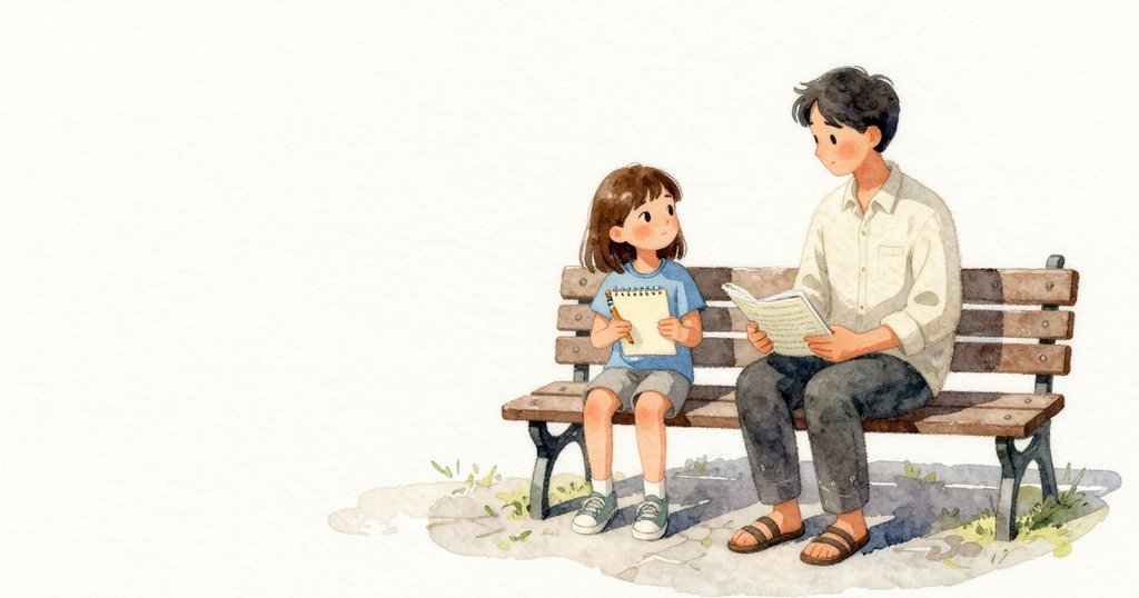 回到陰影裡的長椅,Orla 握筆更緊,鉛筆在紙面上發出乾澀的刮聲;她把一張摺起的單據墊在紙下,帶來穩定的摩擦感。廣場上有一道來自鐘樓的深色斜影,邊緣悄悄向她的鞋子移動。她的家長以低聲說話,音色融進中層水盆規律的滴落聲。