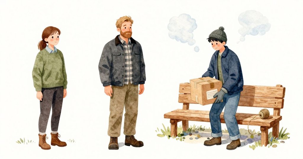 在小屋旁的長凳邊,Maren 和 Garner 合力把木箱放下,箱角頂著袖子,天冷的白霧在口鼻間浮起。快遞員剛說完招呼就站在一旁。Garner 從小線軸拉出一段粗麻繩,繞到箱底固定;箱側的紙標籤被推開時發出乾脆的皺響。院子裡只有鏈條輕碰與靴子摩地聲,遠處公路低低作響。