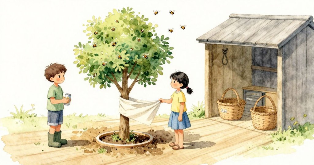 兩人站在年幼樹前,樹幹下方有布條束住,滴水線處是一圈挖出的溝,沿邊豎著一塊淡色細板,木紋貼著去年的深色土。靠棚子有編織籃與柔軟的小布標籤,幾隻蜜蜂在高處花間忙碌,釘子旁的木結成了淡色小漩渦。午後斜陽鋪過整排樹。