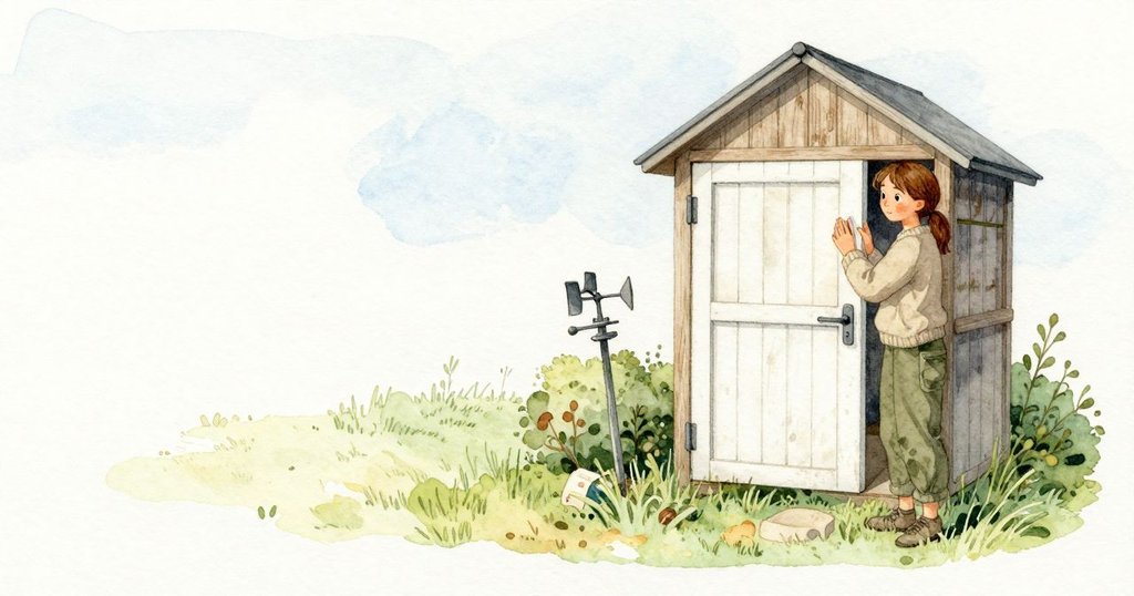 Nadia推起小屋的門栓,門軸發出細細的聲音;圍著柵欄的空地安靜地等著,白色百葉儀器棚立在灌木旁,風杯已在轉,屋內的自記氣壓器以低聲嗡鳴讓針在淡格紙上畫出穩定的一線。