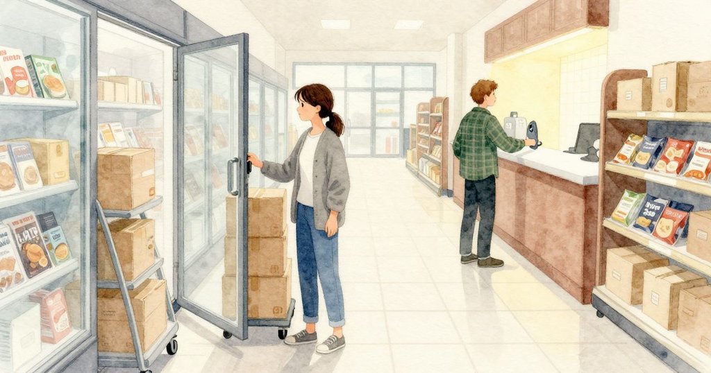 筆直的過道向店內延伸，雜誌架斜出一個角度；補貨推車推著一疊紙箱進來，把走道收窄到肩寬。Paloma 放開冷藏門讓出空間，Merritt 朝熱食檯轉去，冷白的天花燈讓整條走道顯得清楚而安靜。