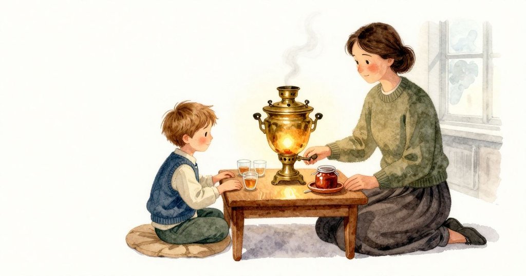 黃銅茶炊在低圓桌正中溫暖地站著，琥珀色燈光在寬亮帶上彎成柔弧；上層小壺安靜地坐著，細把小玻璃杯繞成一圈，果醬罐在赤陶小碟旁帶著湯匙。小蓋縫隙吐出緩慢蒸氣，窗格仍清透地待在桌外。