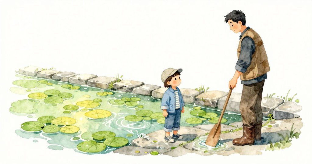 在閘門之外，水道持續細緩地奔流，浮萍重新結成一扇扇綠扇，船身滑行而過，綠上疊綠，石緣帶著陰涼，陽光在小葉上翻出微亮的嫩綠。