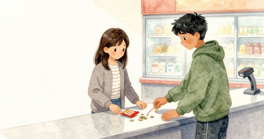 Neve 和 Xander 離開冷藏櫃，在層板上留下一圈濕印，走到櫃檯；紅色掃描線掠過零食，幾枚硬幣在光滑檯面上亮亮地滑動後停住。裝袋時他們調整物品讓重量平均，薄塑膠袋扭轉成一邊提把冰涼、一邊溫暖。身後冷藏櫃玻璃返出細細亮條，遠處天花板光照不到的角落顯得幽暗難辨。