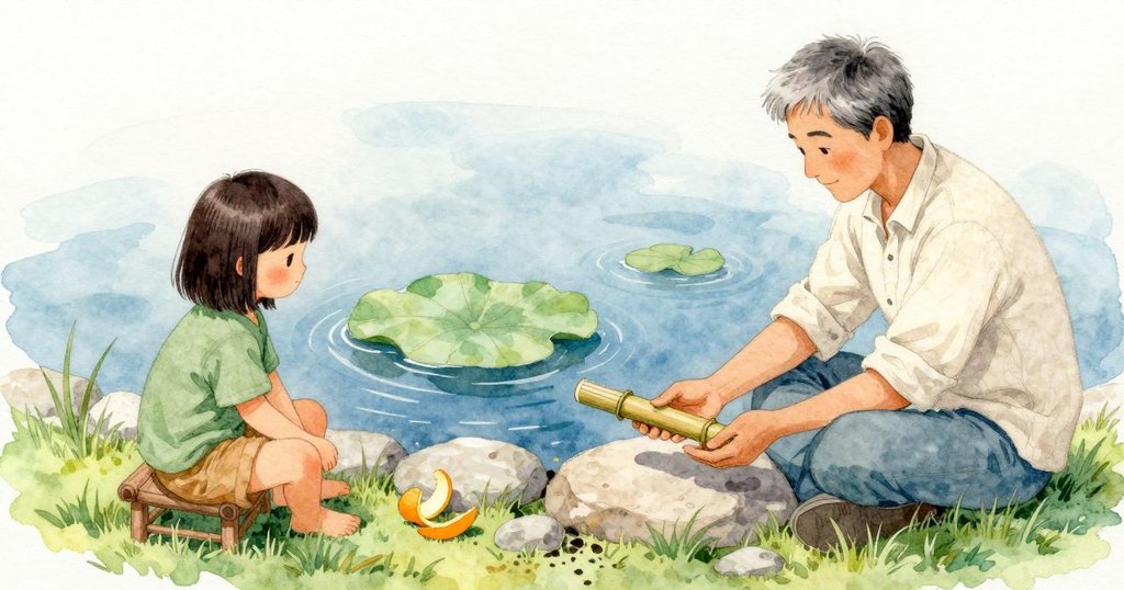Keira跪在溫熱的草上，雙手平托著竹杓，靠著池邊石圈；池心一片寬大的蓮葉緩緩內移，在天光倒影與沉靜淤泥之間慢慢轉動。Garner坐在矮椅上剝橘子，把亮橘色的瓣放到受陽光烤熱的石頭上；水面平穩如鏡，石頭帶著午後的暖度。