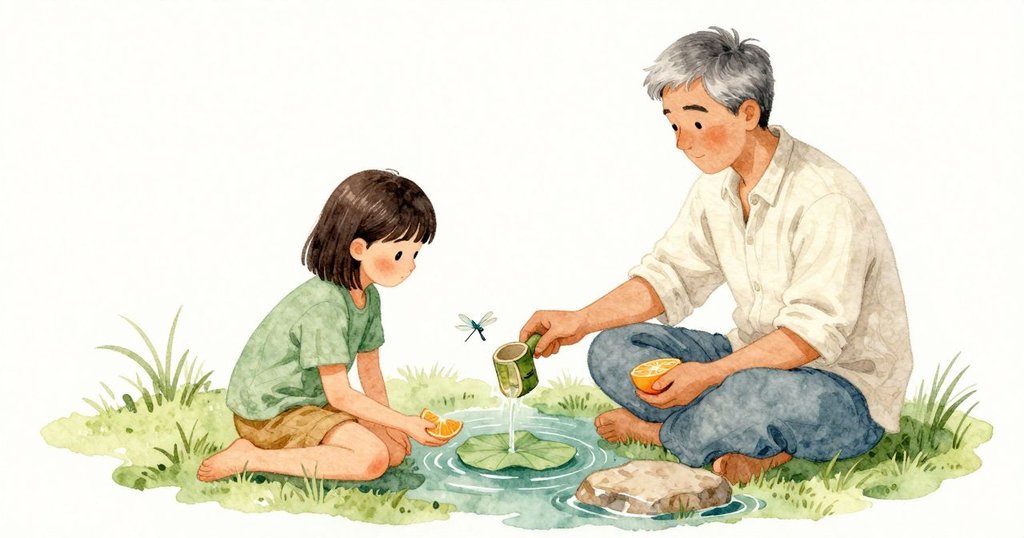 Keira以竹杓的格條邊緣輕試水面，細小的阻力讓蓮葉停在原位；她的手腕停住，節奏頓了一下，一隻蜻蜓以均勻快捷的振翅掠過。Garner把一瓣橘子滑到她膝旁後，雙手便安靜地攤在腿上。