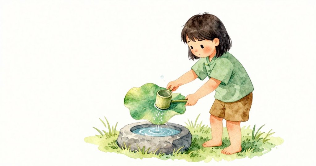 Keira把竹杓的邊緣伸到蓮葉一側下方，輕輕下壓，解開水沿的貼附；一個小氣泡自蓮盆脫出向上，節拍在一息間加倍，而她的前臂穩穩托住。蓮葉伏進淺淺的杓面，她小心把它帶向溫熱的石緣，沒讓那軟化的葉尖受損。