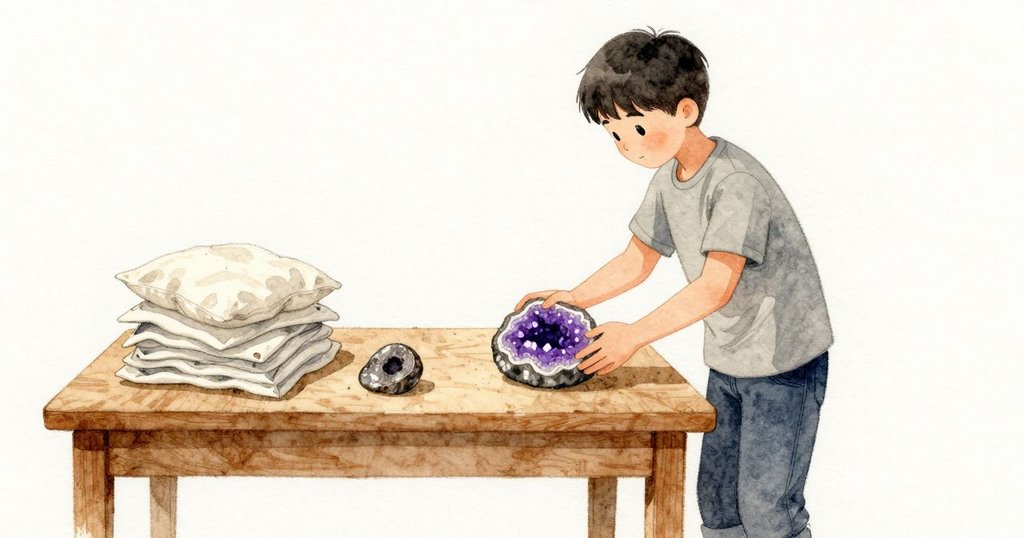 在折疊台上，袖口對齊袖口、角落對齊角落；忽然一聲輕脆敲擊，地質結晶從枕套裡滾出。敘事者雙手接住它，紫色晶面被棉絮薄霧遮暗，沉甸甸的重量貼在掌心，周圍的衣物仍整齊安穩。