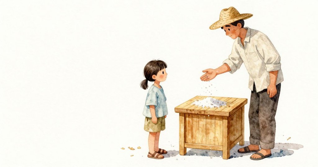 Winter微微傾掌,柔軟的鹽粒慢慢落回粗鹽堆,發出乾淨細聲;幾縷濕鹽仍黏在她皮膚上,她舔到鹹與粉感後擦乾手,將一片濕潤的小鹽片放到溫熱的木板上。