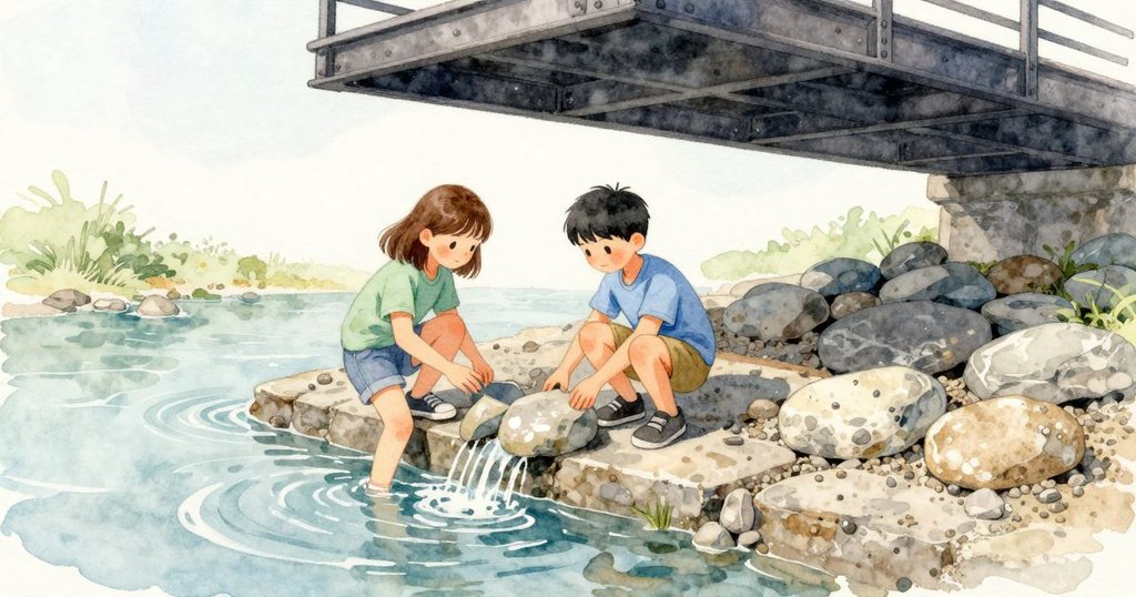 河灣邊的淺石棚在橋下展開,Margot 和 Dorian 跪在卵石上,身旁是分層的砂礫與緩緩流過、帶著清亮反光的河水;頭頂鋼橋的深色樑架拉成長長一片,晨光從空隙灑下,在濕潤與乾粉的石面上交錯出柔和亮斑。