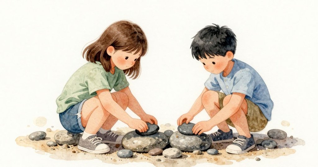 Margot 以掌心托著扁頁岩,跪在圓卵石上,將石片輕放到較寬的底石上;Dorian 把一顆光滑的河卵像端詳水果般轉了轉,然後小心放在石片上,整個石柱穩穩承重、縫縫相合。