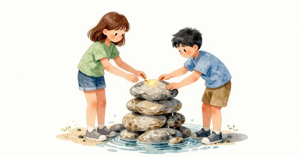 Dorian 用食指按住石柱上一條暖熱的小脊,Margot 拿起一片輕薄石片嵌進淺凹,讓重心展開、石縫再度安靜承受;柱身悄悄高了一節。頭頂的滴水節拍在風停時變得均勻,Margot 的手掌留在頂石上,一側溫熱,一側被橋下陰影冷涼劃過。