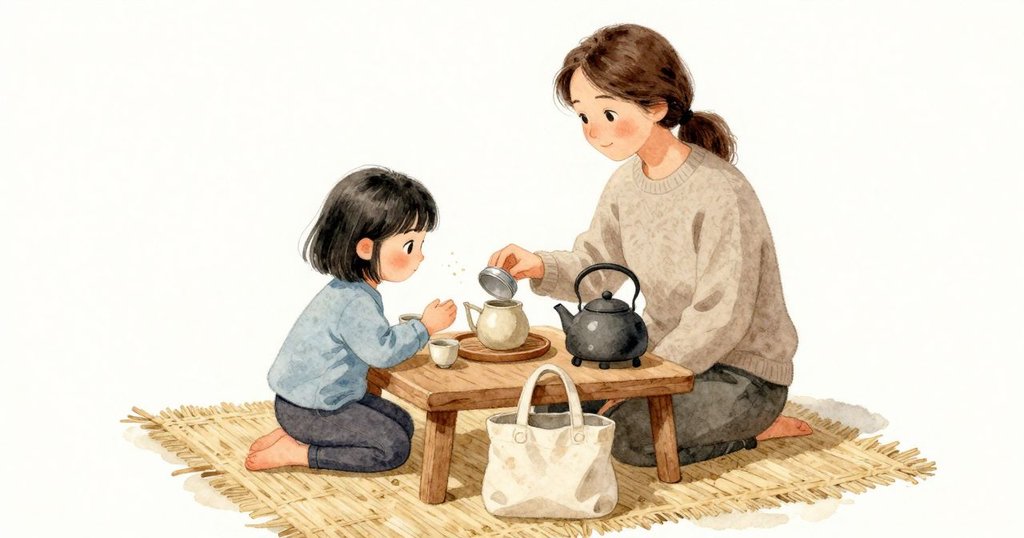 錫罐的蓋子在 Margot 指間輕輕掀起，低矮的木桌上擺著陶壺、三只杯子和帶溝槽的窄木托盤。Oona 半跪在墊邊，一膝貼著編織墊，鼻尖湊近剛打開的錫罐。水壺安穩地放在底座上，桌腳下有個軟軟的帆布袋，提把像靜著的繩子折著。柔和日光落在木紋與編織面上。