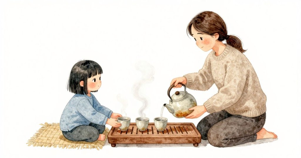 熱水短短一傾越過空壺與杯，細流從托盤溝槽滑入縫下，表面仍舊乾啞。Margot 把水壺挪開邊緣，把溫暖的空杯遞向 Oona。Oona 先碰一下杯緣又縮回，接著雙掌托住，拇指在杯沿像小支架相貼，然後把杯子依著木紋整齊排回三只一線。淡淡蒸氣在日光裡浮散。