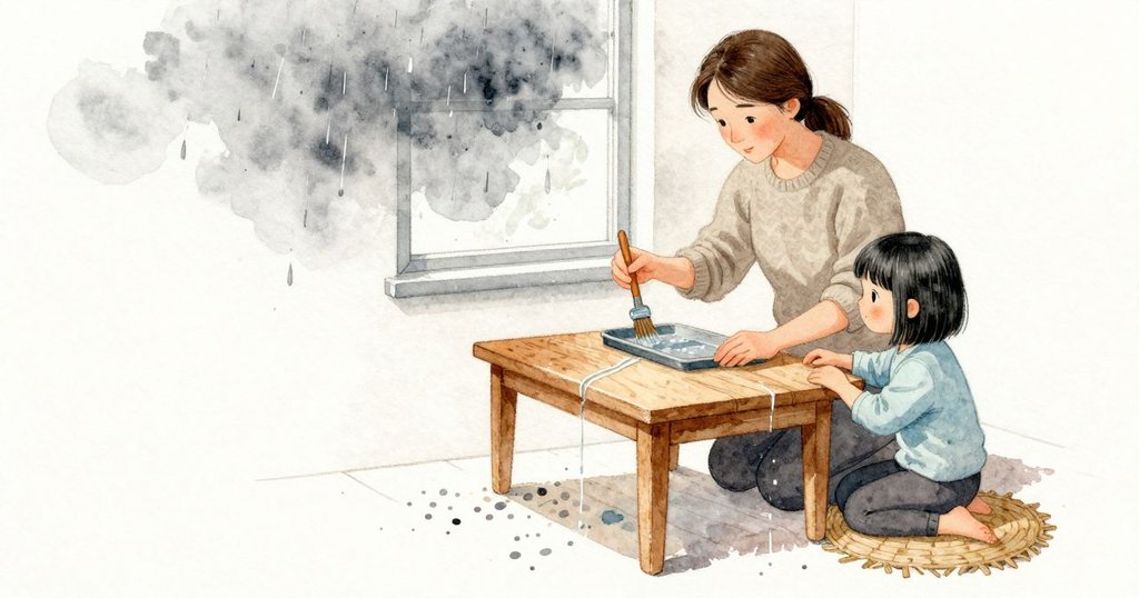 窗外一陣短暫的陣雨掃過水槽便離去，玻璃不留痕。Margot 為第一泡再多傾一點。托盤表面依舊沉穩，直到遠角裂出一縷細流，沿桌邊清亮地奔下。Oona 膝蓋伸直，目光落向角落，那道水線在那裡聚起，一點一點滴到下方的帆布袋，因桌面微斜而加快。