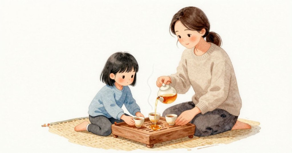 Oona 把碟子微微挪高半吋，托盤在小支點上更穩了。角落留著一顆低低的水珠，像一粒亮扣，其他的濕意都藏進木頭裡。杯子仍沿著溝槽整齊成列，茶壺送出沉穩的琥珀色流。Oona 雙手捧著自己的杯走向墊面，液面平滑不晃。木托盤上有一圈淡淡的濕痕，蒸氣拉成又長又慢的絲帶往上升。