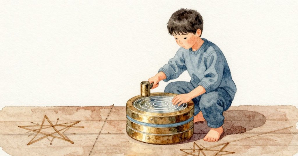兩只淺水碗的水面因槌沿邊緩慢畫圈而收成細密環紋;溫熱金屬的微鹹氣味混著布料與拋光木頭散開。Grey 停下來,用兩指貼在一只碗的邊緣,沿著圓周感受震動傳遞,水紋在星形與網狀之間鬆緊變換。