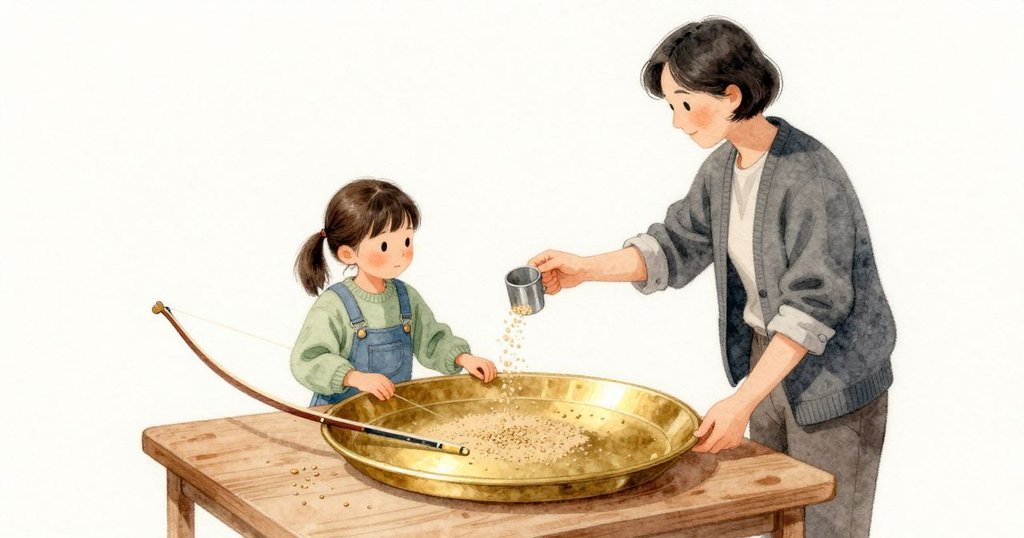 Tara 輕敲小沙杯的杯口，細沙流到靜止的黃銅板上；Hollis 把弓毛貼上邊緣拉動，穩定的嗡鳴在桌面間傳開。淡褐色沙粒在柔光裡發亮，鋪在暖金色金屬上，空氣帶著樹脂甜味，木桌沉穩。