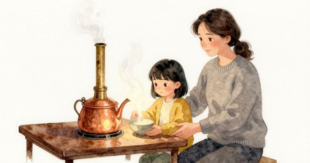 碗剛被Rosa放進Nadia的手裡,蒸氣在黃銅小煙囪邊輕輕升起,銅鍋把溫暖的琥珀色映回低矮的漆桌。桌面上有一圈像月光的燈暈,近處亮、遠處暗。Rosa的手剛離開,碗穩在Nadia掌心,房內安靜而溫熱。