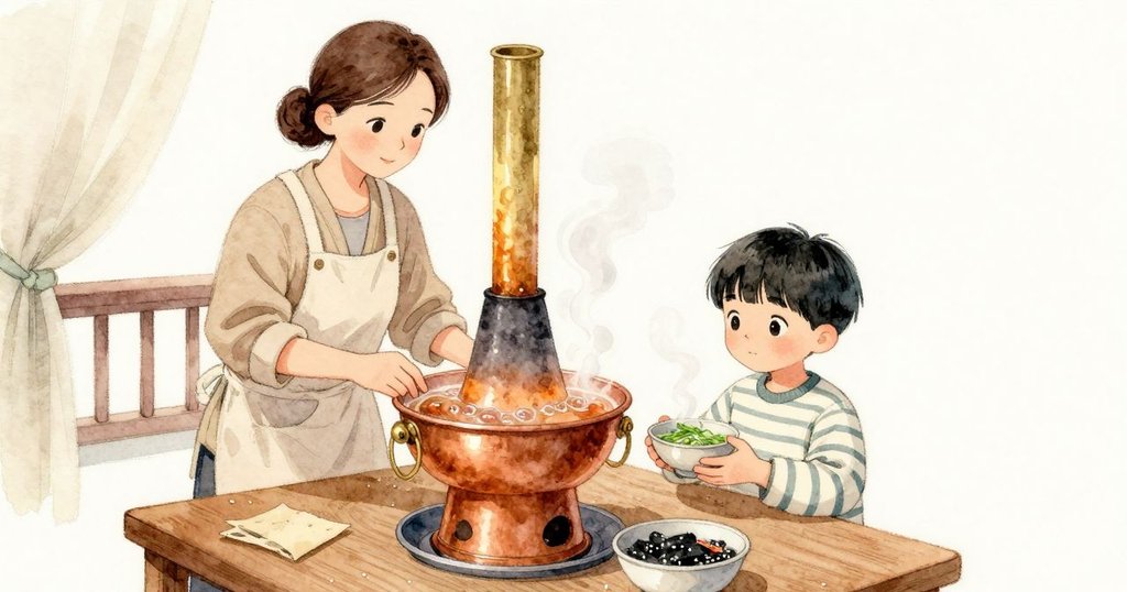 銅火鍋在桌中央細細沸騰，鍍黃銅的煙囪在燈下泛暖光。Margot 的手停在鍋緣附近，Owen 以雙手捧著一只小碗，低低的蒸氣繞著蔥花。矮木桌散出溫潤氣息，陽台窗簾旁摺好的防水布帶著淡淡樹脂味，整個房間被晚間的燈光安穩包住。