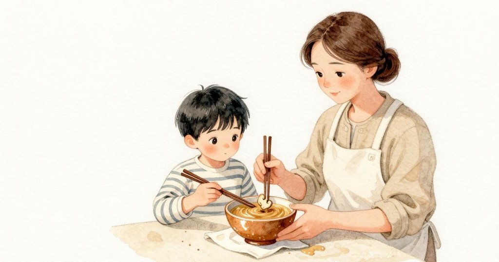 芝麻醬的小碗在布面上被輕輕敲動而緩慢滑行，Margot 用左手按住，摺一角餐巾墊在碗底，讓它靠著角度卡住不再移動。長筷子夾著薄菇片停在湯面上方，燈光在釉面與油亮上微微一閃。