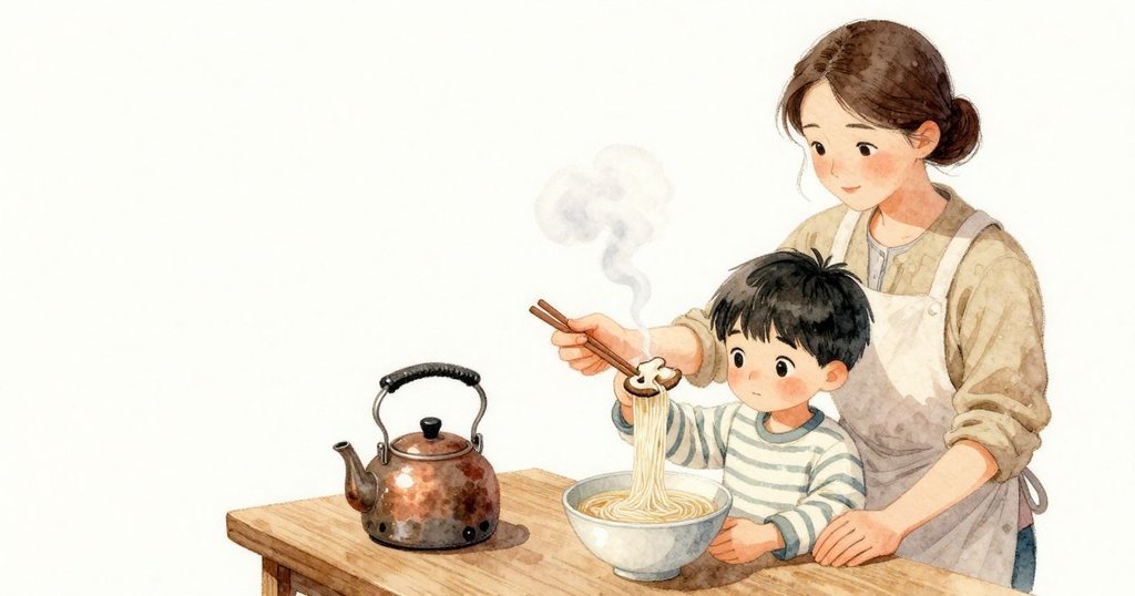 Margot 用長筷輕輕把一小束粉絲從菇片上帶開，在已放涼的小碗上用小湯匙試一試彈性。爐上的水壺早已停止作響，屋內只留下細細的沸聲與偶爾木炭的輕裂。