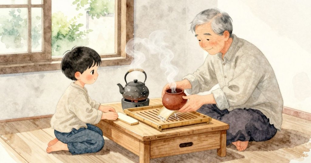 清涼午後的房間裡,竹製茶盤上那塊少了竹勺的淡色長方形最先入眼;長輩正溫壺,小小的紫泥壺在掌心變暖,沖洗的水從縫隙滑入下方抽屜。Nestor坐近茶盤,水汽把空氣織得柔白,水壺在金屬底座上細細咕嚕;窗外院子的濕氣輕拂進來,竹面乾濕深淺同在。