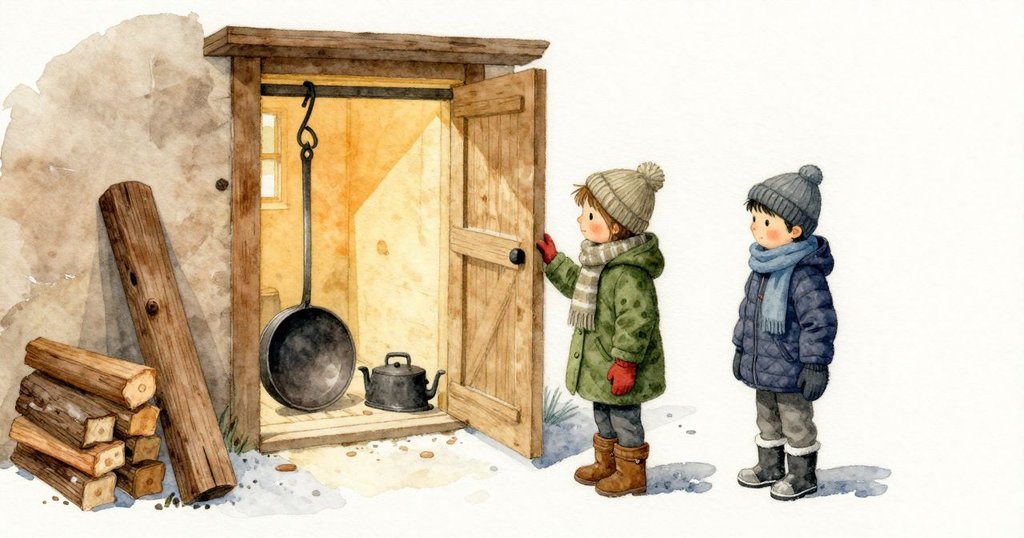 站在煮糖小屋的敞開門口外,裡面安靜地放著長鐵鍋、勺子掛鉤、整齊疊好的木柴,還有靠著牆的扁擔。門檻上內外空氣交會,室內微暖泛琥珀色,室外依舊冷而清。