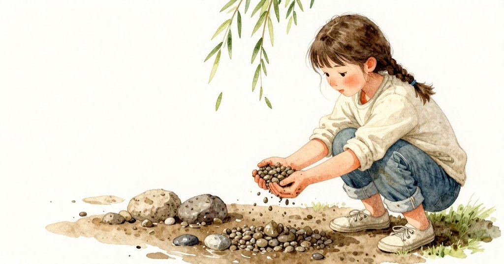 Esme 兩手捧起一把溼涼砂礫，帶著濕土與舊葉的味道，細小石子從指縫滑落，只留下面積寬、觸感穩的石片在掌心試著。砂礫在她手腕邊輕輕碰響，袖口被潮氣染深。柳葉在上方微動，濾下的日光一陣一陣掠過石面，河灣仍吐著淡淡鐵味。