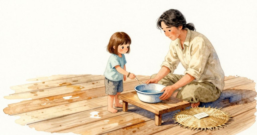 濕潤、豆形的水痕在溫熱木板上發亮,一道細如線的點點濕跡從低桌延向桌下的搪瓷盆。Sara 俯身靠近,手心懸著,旁邊的草蓆把俐落直角壓在板面上,小摺標籤平貼在邊緣。欄杆邊的陰影在木縫間聚起,木色溫暖,搪瓷帶著淡淡的涼意,整個午後光線緩慢而柔和。