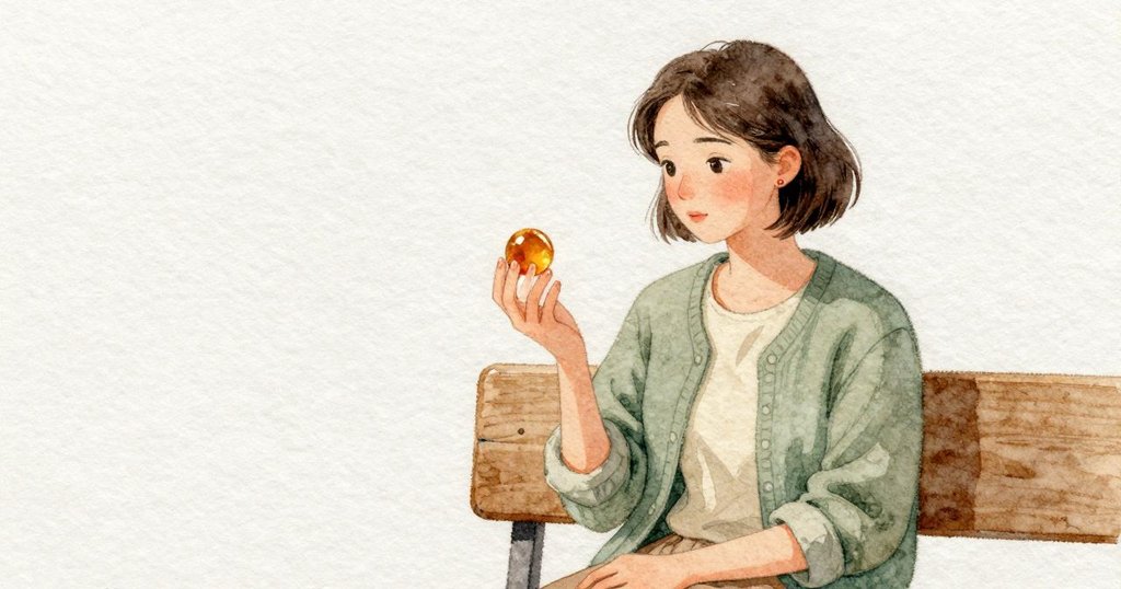 Nora 用三指在毯布上穩住圓潤琥珀，細砂紙以緩慢的橢圓路徑疊擦，起初打滑，隨後變得平穩。微熱升起、空氣帶樹脂甜味，琥珀表面浮出一圈淡淡粉塵。檯燈光落在曲面與砂紙上，木質工作台透出溫度。