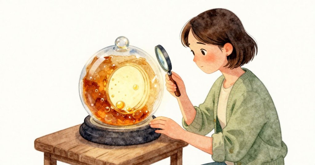 Nora 把放大鏡的冷金屬圈靠近琥珀曲面，透過圓圈看見薄皮下亮起的小氣泡，於更深的蜜色中發光。她微微調整角度讓亮窗穩定，毯布在下方柔軟托住，檯燈光在玻璃與樹脂邊緣泛著柔環。