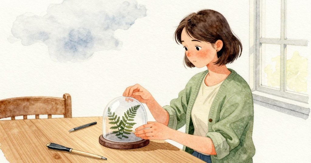 白天光在雲後變淡，琥珀曲面下的蕨線一度隱去。Nora 停住動作，換了站位、放低手肘，慢慢轉動圓頂，讓那近邊的小小蕨斑再度現身並在角度變甜時發亮。窗邊的自然光帶著清冷，工作台與工具靜靜不動。