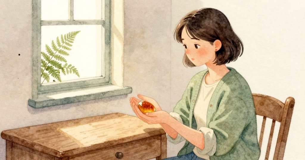 工作間安靜下來，穩定的光停在琥珀裡被磨開的橢圓窗。Nora 把它托在掌心，木作台的溫度透過衣袖傳來；小小蕨斑像一粒深色種子靠在邊緣。空氣殘留溫潤的樹脂甜味，整個空間被柔暖的光輕輕撐住。