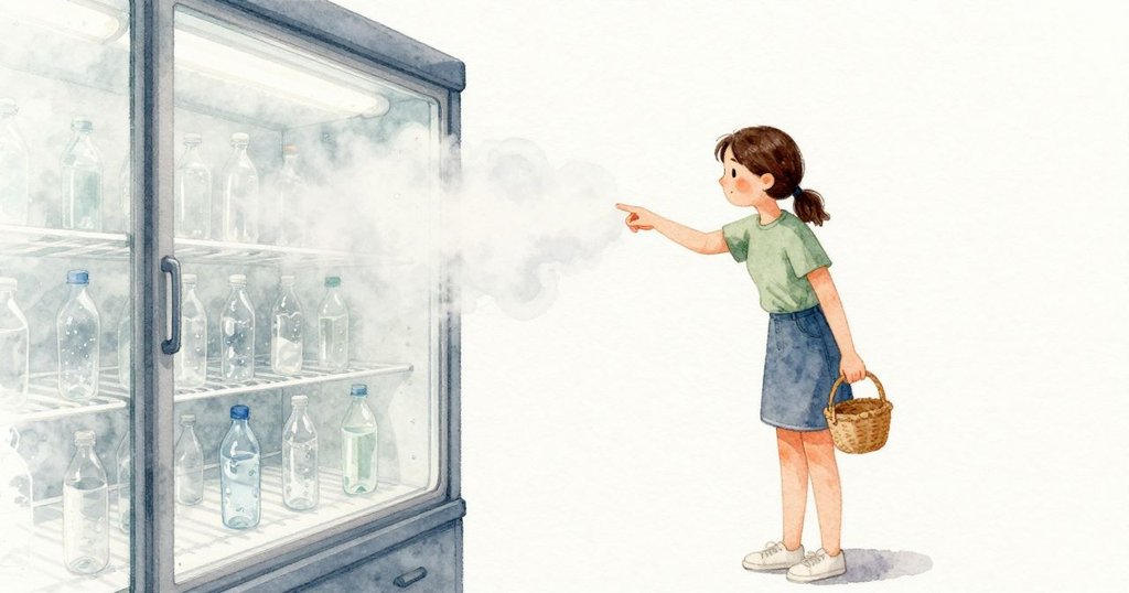 Inez 用指尖在起霧的玻璃上劃出一個緩慢的弧,清透的痕跡很快又被水氣覆回;她手裡那瓶沿側貼著一朵淡白的霧花,輕輕轉動、抹過一次,雲霧便滑動並變薄,顯出只是冷熱相遇的形狀。