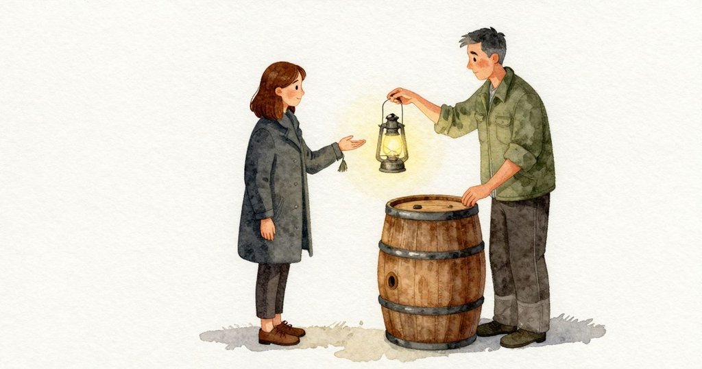 Opal 袖口的小流蘇隨燈微晃而輕抖，她的手掌正向冰涼的桶身伸去，見 Palmer 的手在旁邊懸著便停住，隨後放下手腕。吊燈嗡了一下便變暗些，光沒有熄，只是更低，空間像是把注意收向聲音。