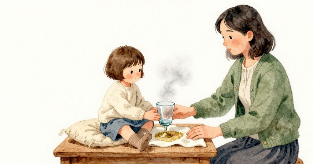 Zadie 坐在小坐墊上，雙手捧著微涼的玻璃杯，杯口上方浮著一層淡霧。Olwen 扶住杯底，將杯子放回桌布上，霧氣變薄成可見的輕紗；桌布留下一圈濕痕，黃銅在旁安靜發光。