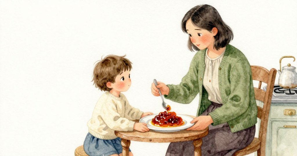 Olwen 放下一小團果醬在盤上，亮澤的堆頂因自重微微傾側。Zadie 以兩拇指托穩盤子，用湯匙背劃過，使細細的醬帶蜿蜒成慢慢展開的螺旋，透明的溝槽在光中發亮。
