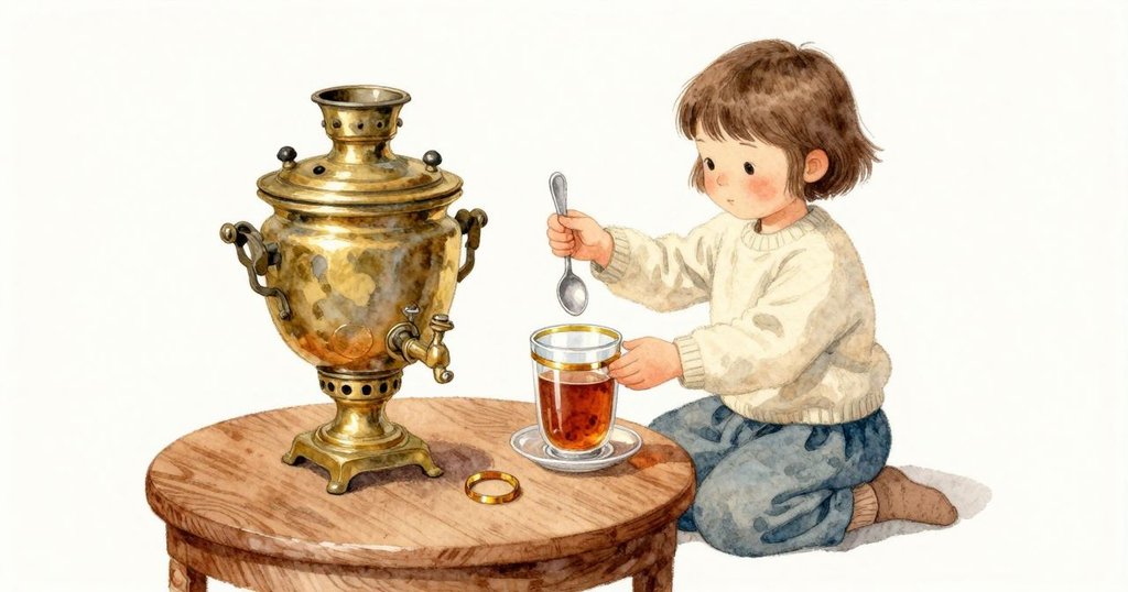 湯匙停在螺旋上方，她的另一手轉動玻璃杯，讓杯內茶環正對拋光的黃銅環。兩個圓沿邊同收一線琥珀色的燈光。Zadie 把杯子放在茶炊旁，茶環完整，安穩地懸在清澈液面的上方，房中木與金屬都靜靜承光。
