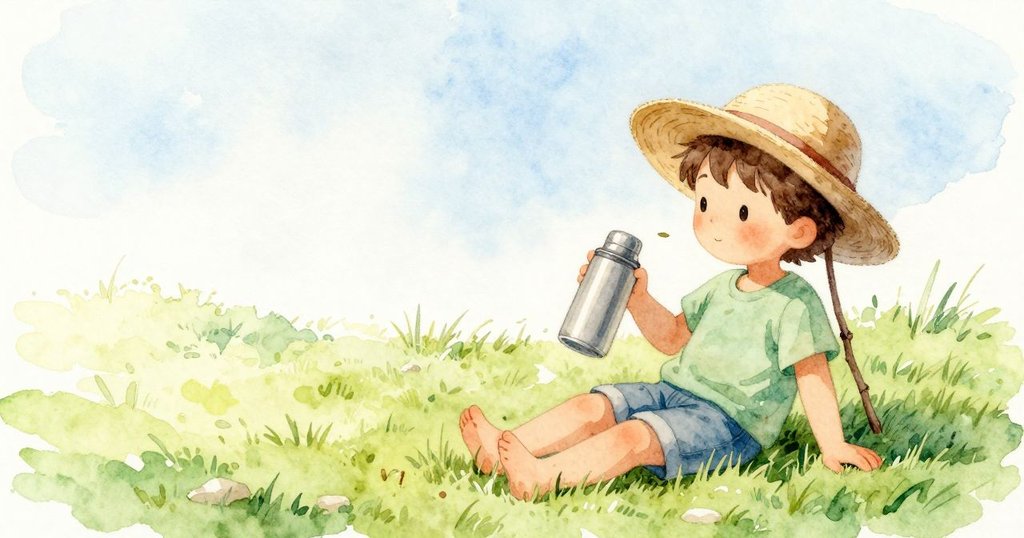 Emory 放鬆下巴與肩膀，眼睛隨雲的漂移而不再數數；他讓樹枝隨意成框，薄紗般的藍在上方提亮變淡。一道小葉影掠過他的臉頰，帽子被枝架微微傾斜。風鈴輕敲一下，石上保溫壺閃出一縷亮光，雲在草地上空繼續鬆散入藍。