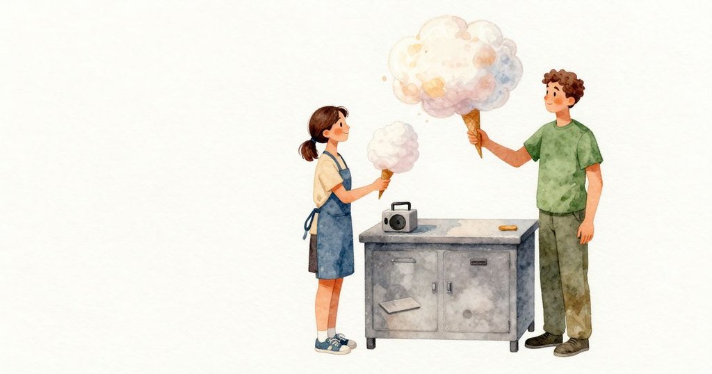 Estelle 輕輕傾轉紙錐,讓漸盛的雲團填滿小小空隙,焦糖般的暖意貼著臉頰,淡淡的樹脂氣息停在鼻尖高度。小喇叭換了新旋律,Ned 把備用紙錐平放在檯面,先前的細線隨之鬆垮。她停下時,層層雲絲勻淨而淡,紙錐還細微地再轉一下。Ned 默默把完成的紙錐推近,馬達維持渾圓的嗡鳴,糖香與涼爽的葉氣同時在空中。