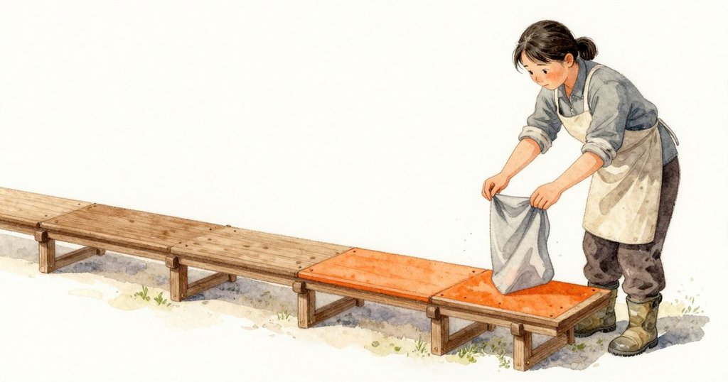 在暫歇裡我跟著 Uma 走回框邊,鬆弛的纖維垂在她手中,錐體停在導軌起點。她捏住灰布邊緣抬起,一口更輕的粉塵從摺線滑落,落在她靴旁。橘橙色坐面現出,平整繃緊,釘扣貼齊,四角因手掌常落而微微發亮;棚內因此安靜了一瞬。