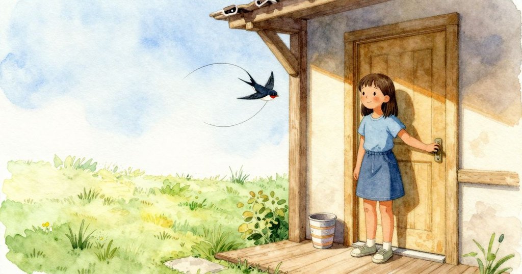 另一隻燕子在院子上空畫出半圈,角落那座層層堆疊的巢穩穩待在寬簷下。三個巢如今成了遠近次第,最遠的一點濕暗在光裡發亮。Ruby 腳跟留在木門檻上,目光沿著屋簷板從門口走到角落再向院子邊緣;她的拇指貼在溫熱的門框上,燕子自巢沿振翅離開。