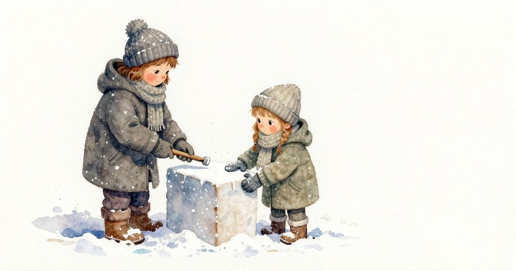 Xanthe 沿著淺淺的導向線輕敲，鑿子明亮地咬入又脫離，細冰屑像小雪落下，沾在 Elise 的袖口與腳邊的實雪上。新切面一閃發亮，隨即被霜氣回覆成霧白；一道又一道細槽累積，穿過冰塊的光散成顫動的細線。