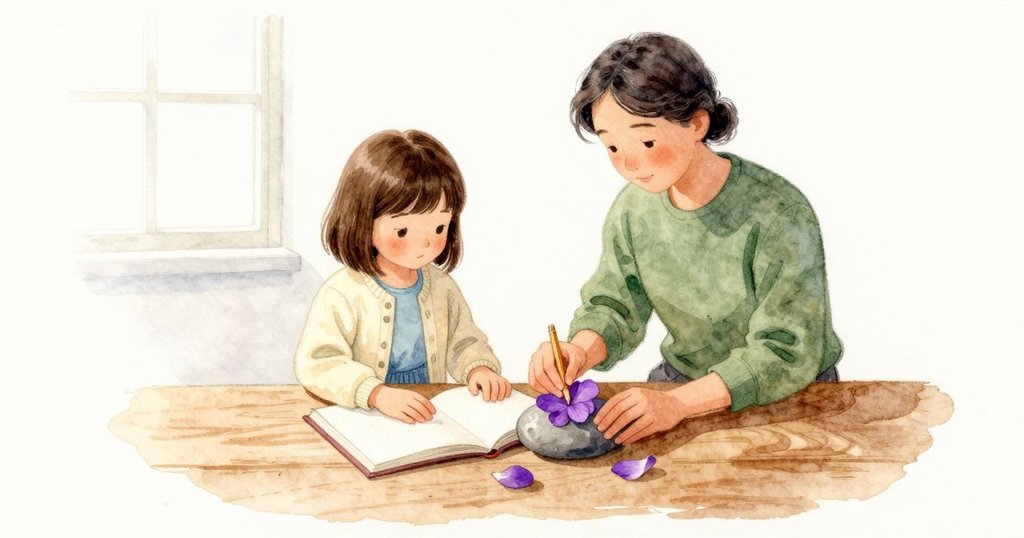 Nina 夾著一朵紫羅蘭轉了一下，花冠不肯乖乖平躺在紙上；Raine 的前臂靠近卻不碰，讓她的手穩下來，一枝鉛筆輕輕滾動到河石上停住。